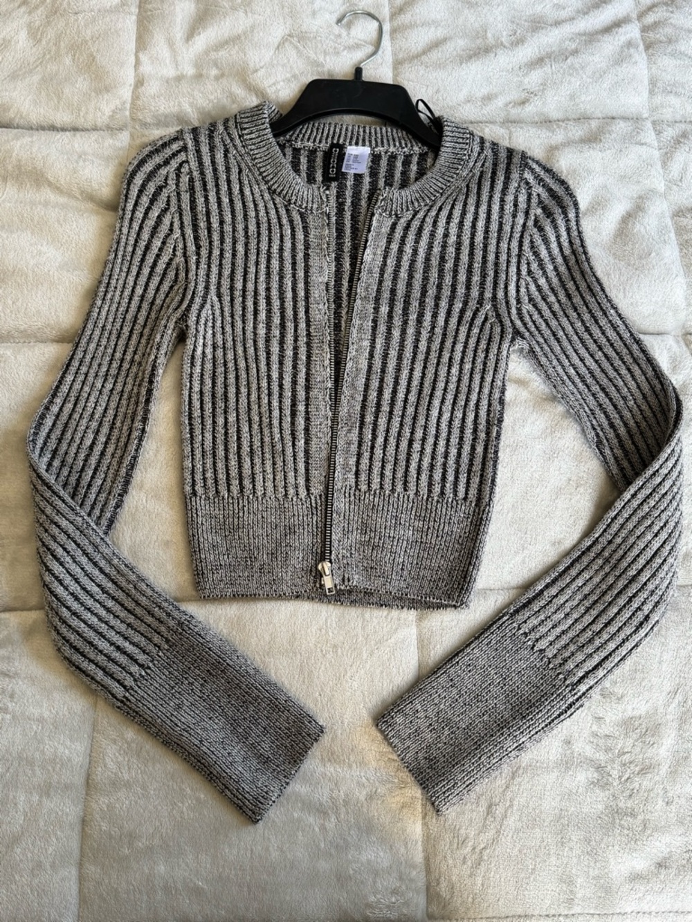 H&M Cropped Ribbed Zip Cardigan - Gray